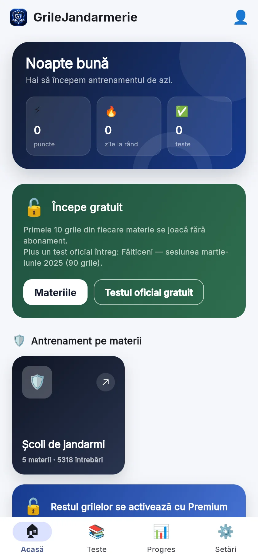 Ecranul principal: materiile, testele pe ani și ce e deschis gratuit