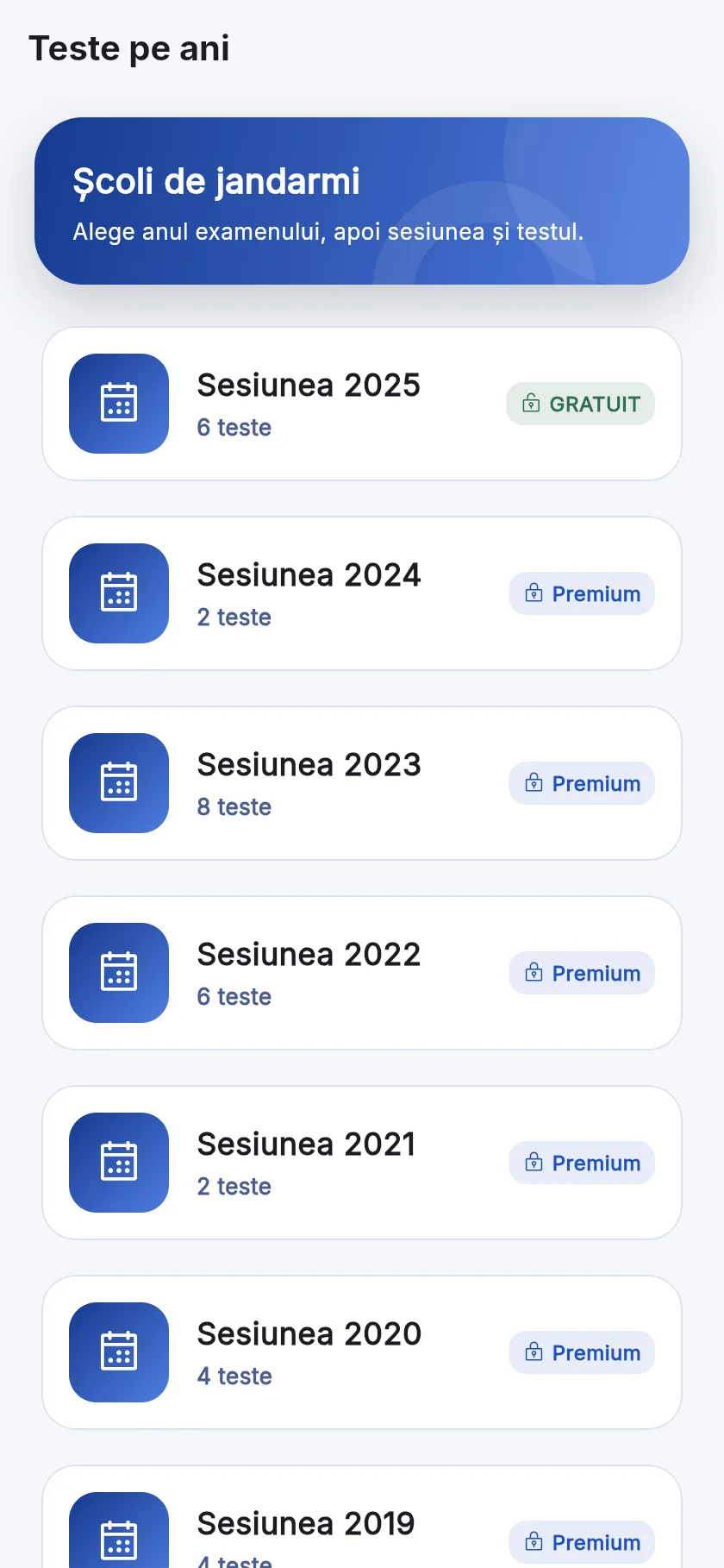 Testele oficiale, sesiune cu sesiune